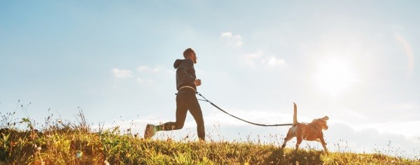 A dog owner exercising outdoors with his Beagle