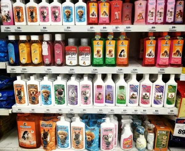 Displayed in a store many colorful dog shampoos and grooming products on a shelf